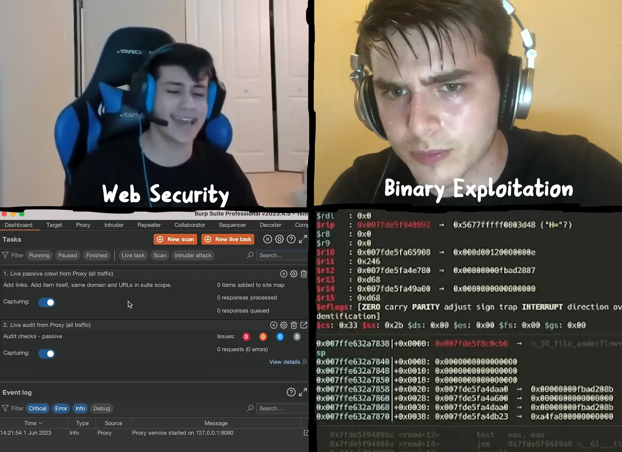 Split meme: a cheerful streamer labelled “Web Security” above a Burp Suite dashboard, a sweating streamer labelled “Binary Exploitation” above a register dump